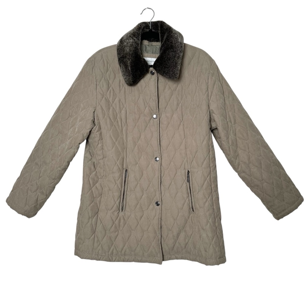 Vintage Liz Claiborne Long Barn Jacket Taupe Quilted Faux Fur Collar Cabincore
